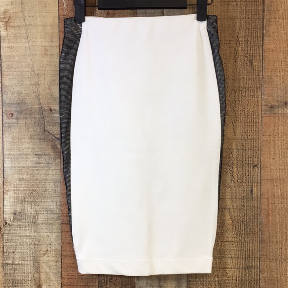 Robert Rodriguez Pencil Skirt Womens 2 Cream Black Mesh Trim Midi